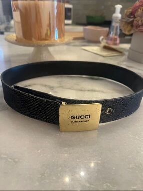 Gucci Black Denim Belt with Gold Logo Buckle